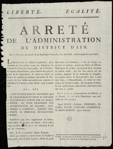 Arrêté de l'administration du district d'Aix. Du 21 prairial, an second de la République Française, une indivisible, démocratique & impérissable