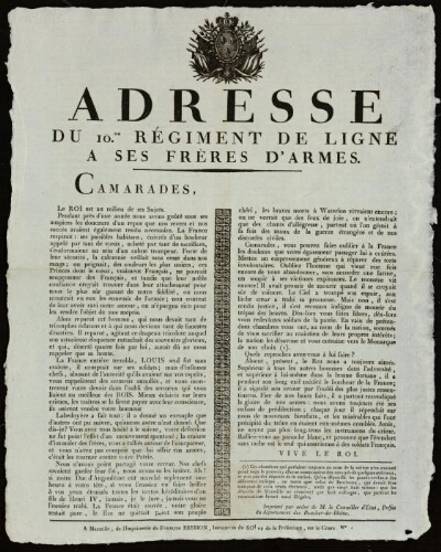 Adresse du 10me régiment de ligne à ses frères d'armes / Préfecture des Bouches-du-Rhône