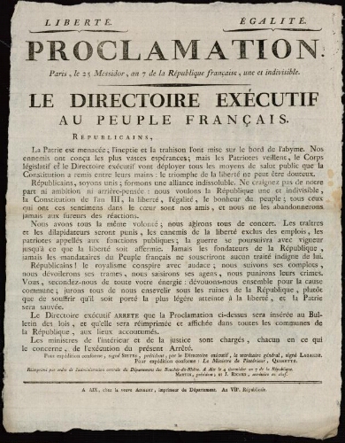 Proclamation. [...] Le Directoire exécutif au peuple français
