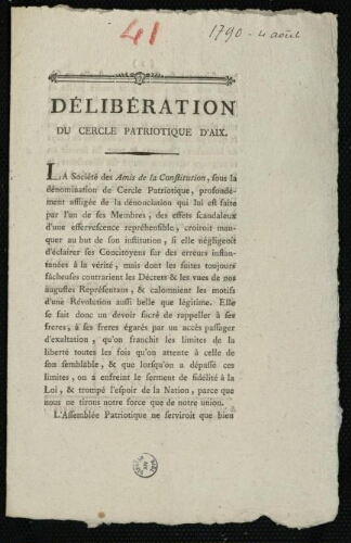 Délibération du Cercle patriotique d'Aix / [Société des Amis de la Constitution de la ville d'Aix]