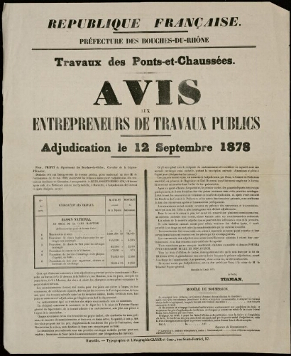 Travaux des Ponts-et-Chaussées : avis aux entrepreneurs de travaux publics. Adjudication du 12 septembre 1878 / Préfecture des Bouches-du-Rhône