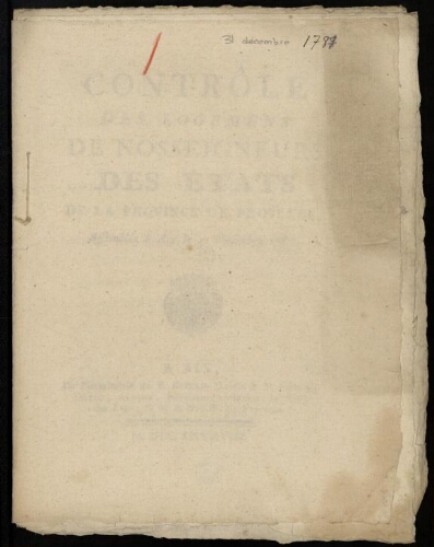 Contrôle des logements de Nosseigneurs des États de la province de Provence, assemblés à Aix le 31 décembre 1787