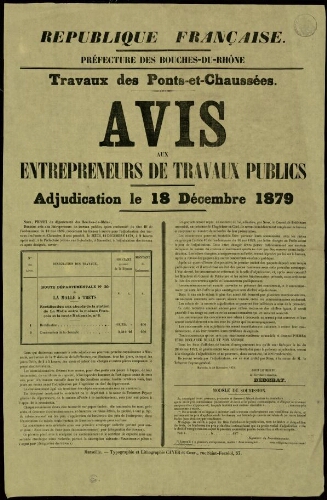 Travaux des Ponts-et-Chaussées : avis aux entrepreneurs de travaux publics. Adjudication le 18 décembre 1879 / Préfecture des Bouches-du-Rhône