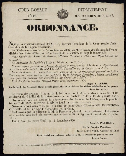 Ordonnance [nommant le président et les assesseurs des assises du 1e trimestre 1837] / Cour royale d'Aix. Département des Bouches-du-Rhône