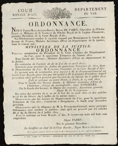 Ordonnance  / Cour royale d'Aix. Département du Var