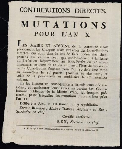 Contributions directes. Mutations pour l'an X / Mairie d'Aix
