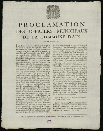 Proclamation des officiers municipaux de la commune d'Aix. Du 27 octobre 1790 / [Mairie d’Aix]