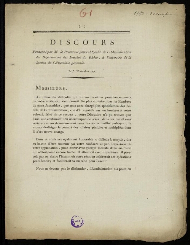 Discours prononcé par M. le Procureur-général-Syndic de l'administration du département des Bouches-du-Rhône, à l'ouverture de l'Assemblée générale. Le 3 novembre 1790