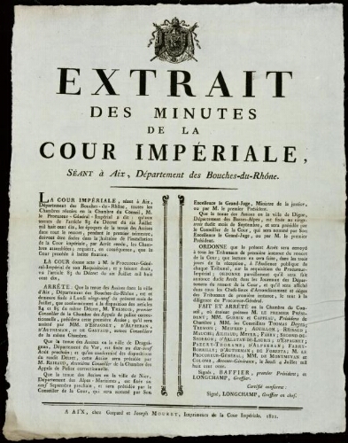 Extrait des minutes de la Cour impériale séant à Aix, département des Bouches-du-Rhône