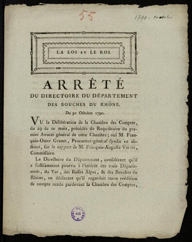 Arrêté du Directoire des Bouches-du-Rhône. Du 30 octobre 1790