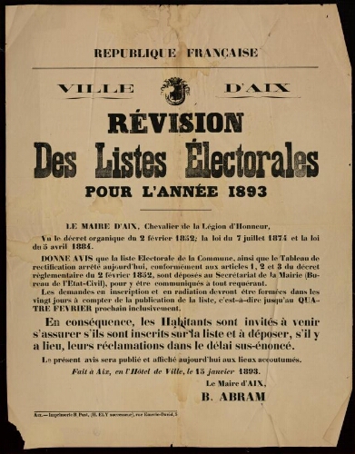 Révision des listes électorales pour l'année 1893 / Ville d’Aix