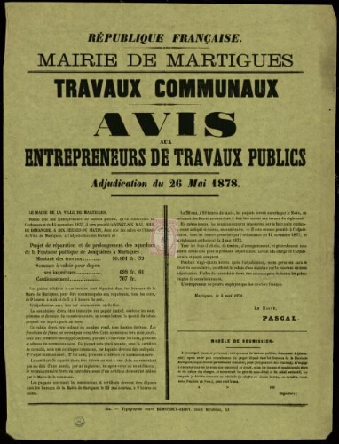 Travaux communaux : avis aux entrepreneurs de travaux publics. Adjudication du 26 mai 1878 / Mairie de Martigues