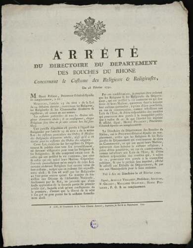 Arrêté du Directoire du Département des Bouches-du-Rhône concernant le costume des religieux et des religieuses