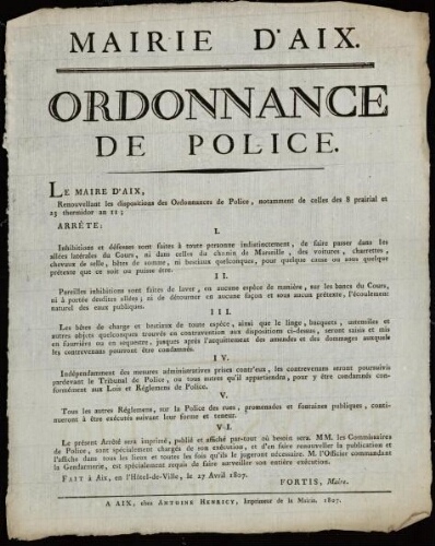 Ordonnance de police / Mairie d'Aix
