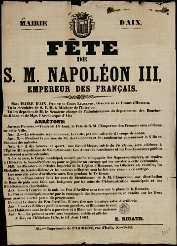 Fête de S. M. Napoléon III, empereur des français / Mairie d'Aix