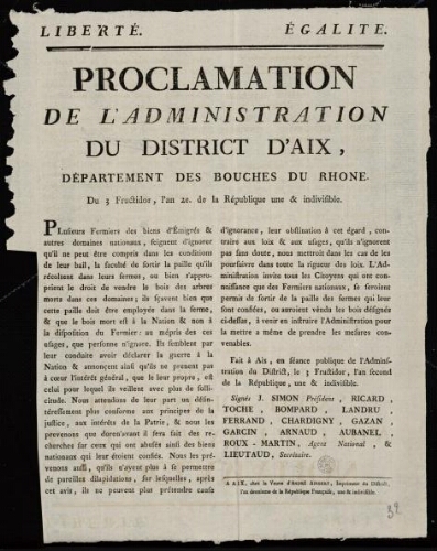Proclamation de l'administration du district d'Aix, département des Bouches du Rhône
