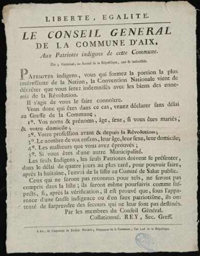 Le Conseil général de la commune d'Aix, aux patriotes indigens de cette commune