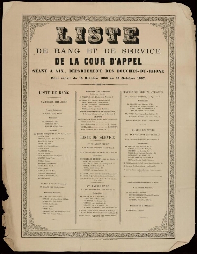 Liste de rang et de service de la cour d'appel séant à Aix, département des Bouches-du-Rhône pour servir du 15 octobre 1886 au 15 octobre 1887