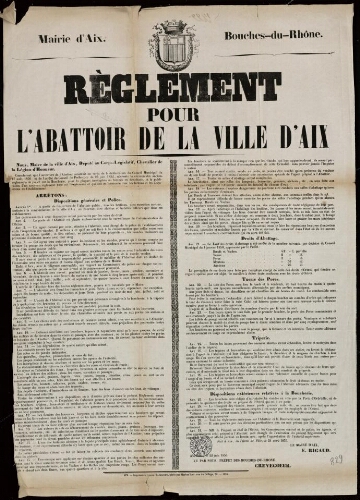 Règlement pour l'abattoir de la ville d'Aix / Mairie d'Aix