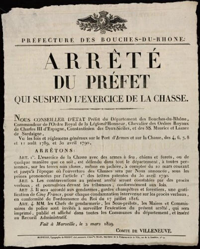 Arrêté du préfet, qui suspend l'exercice de la chasse / Préfecture des Bouches-du-Rhône