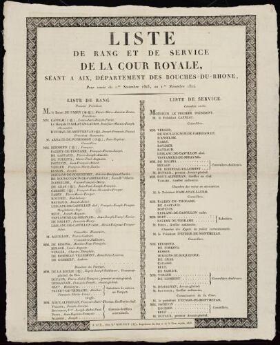 Liste de rang et de service de la Cour royale, séant à Aix, département des Bouches-du-Rhône, pour servir du 1er novembre 1823, au 1er novembre 1824