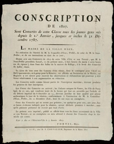 Conscription de 1807. Sont conscrits de cette classe tous les jeunes gens nés depuis le 1er Janvier, jusques et inclus le 31 décembre 1787. / Mairie d'Aix