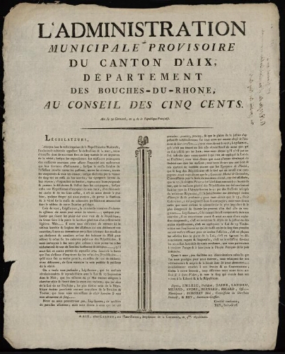 L’administration municipale provisoire du canton d'Aix, département des Bouches-du-Rhône, au Conseil des Cinq Cents