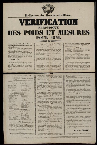 Vérification périodique des poids et mesures pour 1841 / Préfecture des Bouches-du-Rhône