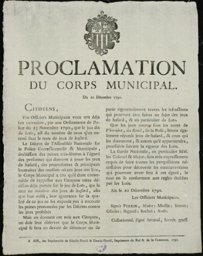 Proclamation du corps municipal. Du 20 décembre 1791 / [Mairie d’Aix]