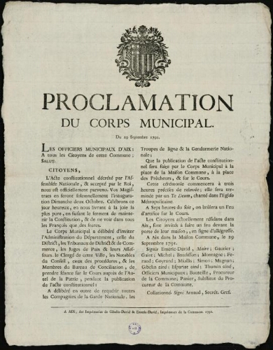 Proclamation du corps municipal. Du 29 septembre 1791 / [Mairie d’Aix]