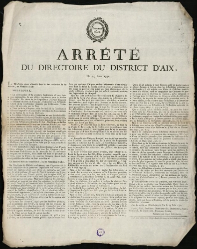 Arrêté du Directoire du District d'Aix