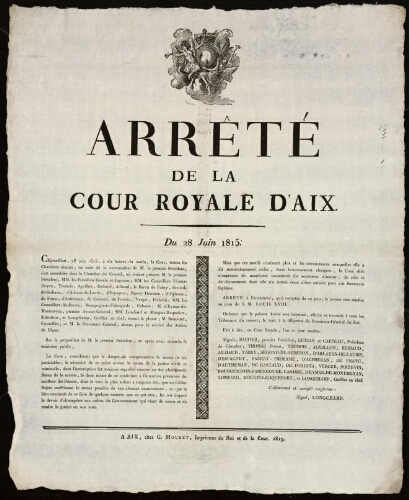 Arrêté de la Cour royale d'Aix / Cour royale d'Aix