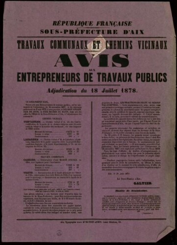 Travaux communaux et chemins vicinaux. Avis aux entrepreneurs de travaux publics. Adjudication du 18 juillet 1878 / Sous-préfecture d'Aix