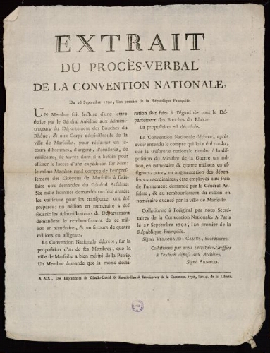 Extrait du procès-verbal de la Convention nationale, du 26 septembre 1792, l'an premier de la République Françoise