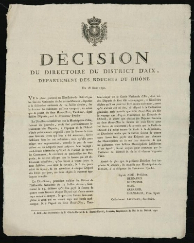 Décision du Directoire du District d'Aix, département des Bouches-du-Rhône. Du 18 août 1790