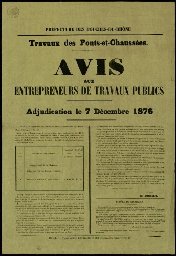 Travaux des ponts-et-chaussées : avis aux entrepreneurs de travaux publics. Adjudication le 7 décembre 1876 / Préfecture des Bouches-du-Rhône