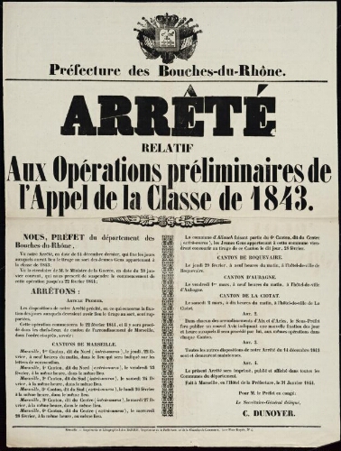Arrêté relatif aux opérations préliminaires de l'appel de la classe de 1843 / Préfecture des Bouches-du-Rhône