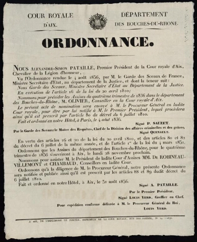 Ordonnance [ nommant le président et les assesseurs des assises du 4e trimestre 1836]  / Cour royale d'Aix. Département des Bouches-du-Rhône
