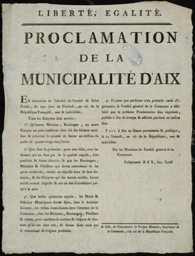 Proclamation de la municipalité d’Aix. En exécution de l’arrêté du Comité de salut public