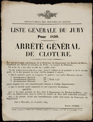 Département des Bouches-du-Rhône. Liste générale du jury pour 1830. Arrêté général de clôture / Préfecture du département des Bouches-du-Rhône