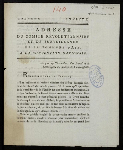 Adresse du comité révolutionnaire et de surveillance de la commune d'Aix, à la convention nationale