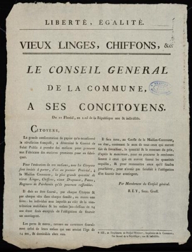 Vieux linges, chiffons, &ct. Le Conseil général de la commune d'Aix, a ses concitoyens / [Mairie d'Aix]