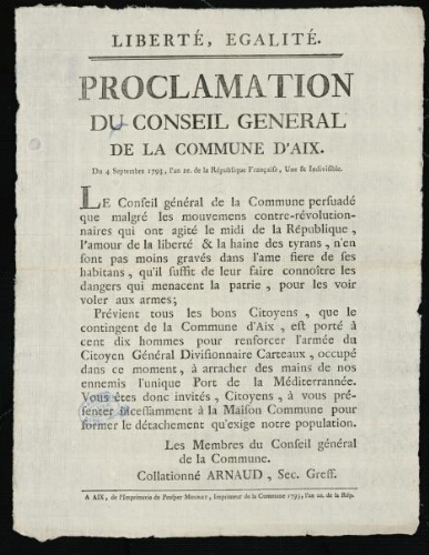 Proclamation du Conseil général de la commune d'Aix  / [Mairie d’Aix]