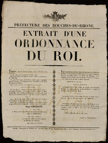 Extrait d'une ordonnance du Roi / Préfecture des Bouches-du-Rhône