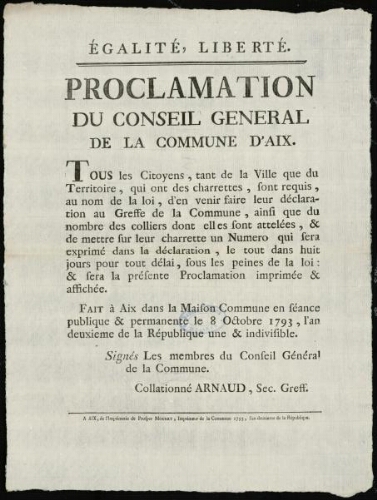 Proclamation du conseil général de la commune d'Aix ; Tous les citoyens... qui ont des charettes...