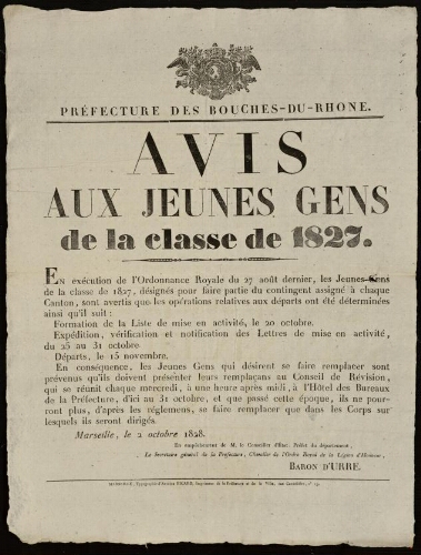 Avis aux jeunes gens de la classe de 1827 / Préfecture des Bouches-du-Rhône