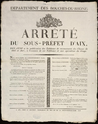 Arrêté du sous-préfet d'Aix, relatif à la publication des travaux de recensement des classes de 1816 et 1817, à l'examen de ces tableaux et aux opérations du tirage / Sous-préfecture d'Aix