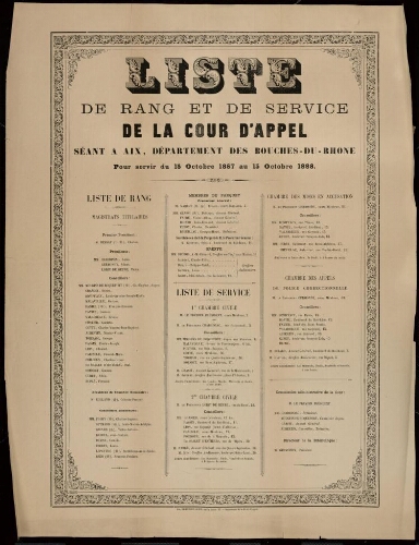 Liste de rang et de service de la cour d'appel séant à Aix, département des Bouches-du-Rhône pour servir du 15 octobre 1887 au 15 octobre 1888