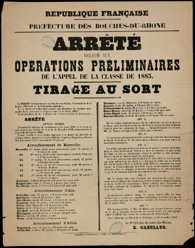 Arrêté relatif aux opérations préliminaires de l'appel de la classe de 1885 : tirage au sort / Préfecture des Bouches-du-Rhône