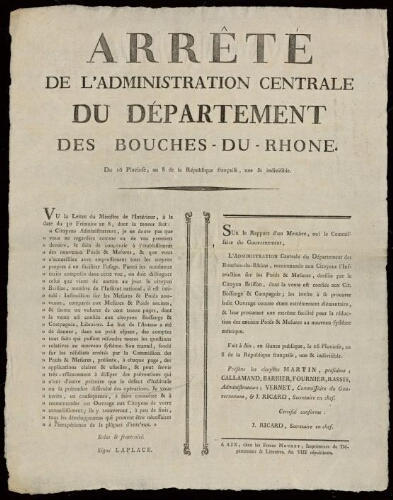 Arrêté de l'Administration centrale du département des Bouches-du-Rhône... recommande aux citoyens l’instruction sur les poids et mesures